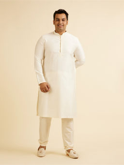 Manyavar - Cream Blended Viscose Solid Embroidery Kurta with Pyjama (Set of 2)