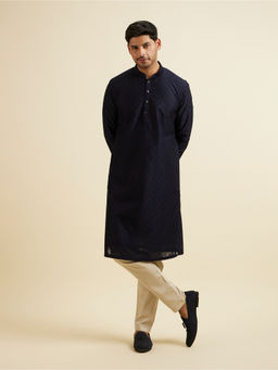 Manyavar - Navy Blue Embroidered Kurta with Churidar (Set of 2)