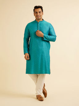 Manyavar - Turquoise Blended Viscose Embroidery Work Kurta with Pyjama (Set of 2)