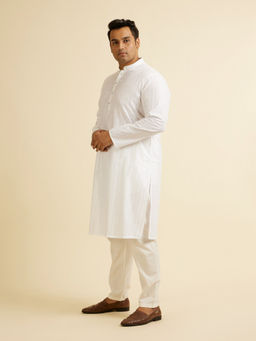 Manyavar - White Cotton Embroidery Zari Weave Kurta with Pyjama (Set of 2)