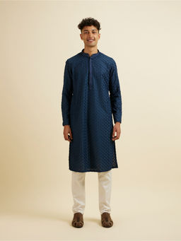 Manyavar - Navy Blue Chikankari Embroidered Kurta with Churidar (Set of 2)