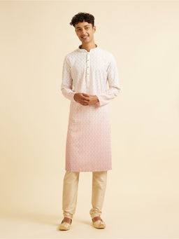 Manyavar - White & Pink Ombre Dyed Chikankari Kurta with Churidar (Set of 2)