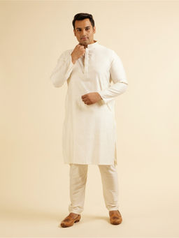 Manyavar - Cream Blended Viscose Self Design Embroidery Kurta with Churidar (Set of 2)