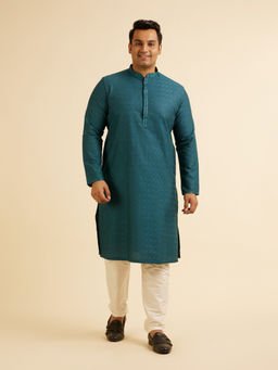 Manyavar - Teal Blended Viscose Embroidery Kurta with Churidar (Set of 2)