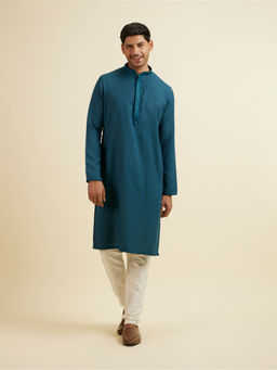 Manyavar - Teal Blue Plain Embroidered Kurta with Churidar (Set of 2)