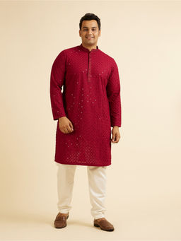 Manyavar - Red Cotton Embroidered Sequined Kurta with Pyjama (Set of 2)