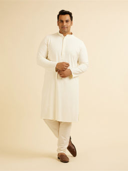 Manyavar - Cream Viscose Chikankari Kurta with Pyjama (Set of 2)