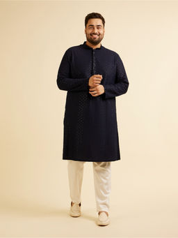 Manyavar - Navy Blue Viscose Chikankari Kurta with Pyjama (Set of 2)