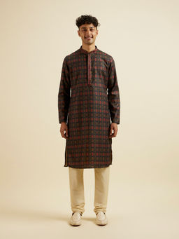 Manyavar - Black Embroidered Ikat Kurta with Churidar (Set of 2)