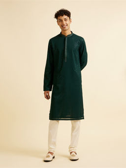 Manyavar - Dark Green Embroidered Sequin Kurta with Churidar (Set of 2)