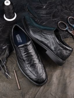 Alberto Torresi - Alberto Torrisi Mens Shiny Crinkle Leather Slip In Loafers Eva Sole Formals - Black