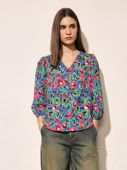 ONLY - Women's Printed Regular Fit Blue Top