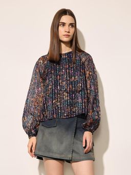 ONLY - Women's Floral Print Regular Fit Navy Blue Top