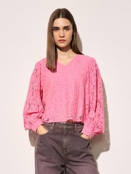 ONLY - Women's Self Design Regular Fit Pink Top