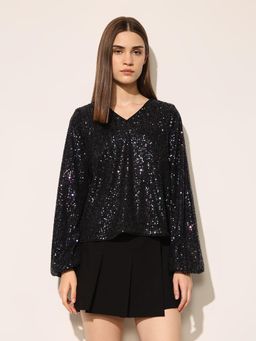 ONLY - Women's Sequined Regular Fit Black Top