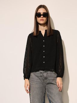 ONLY - Women's Self Design Regular Fit Black Top