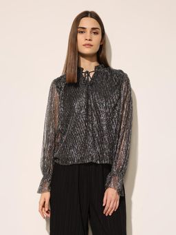 ONLY - Women's Self Design Regular Fit Black Top