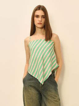 ONLY - Women's Vertical Stripes Regular Fit Green Top