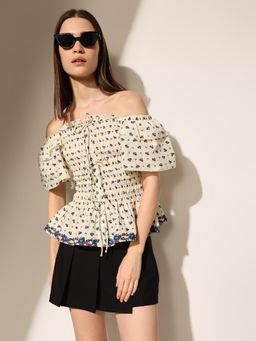 ONLY - Women's Floral Print Fit and Flare White Top
