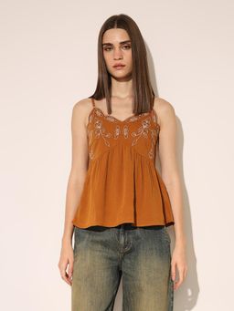 ONLY - Women's Embroidered Fit and Flare Brown Top