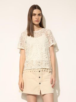 ONLY - Women's Self Design Regular Fit Off White Top