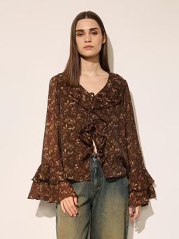 ONLY - Women's Floral Print Regular Fit Brown Top