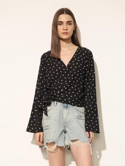 ONLY - Women's Printed Loose Fit Black Top