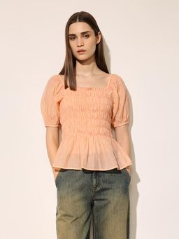 ONLY - Women's Self Design Fit and Flare Peach Top