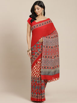 Yufta - Red & Blue Ethnic Motifs Pure Cotton Block Print Saree with Unstitched Blouse