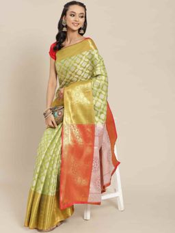 Silk Land - Brocade Heavy Silk Saree with Unsticthed Blouse Piece Green with Unstitched
