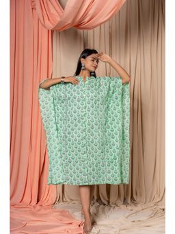 NAVYAS FASHION - Ash Green Block Printed Cotton Kaftan