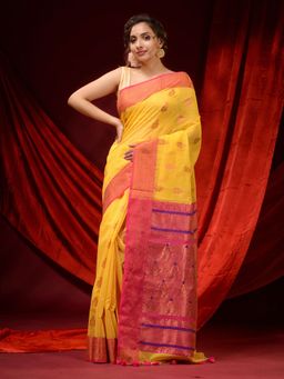 CHARUKRITI - Yellow Muslin Handwoven Ethnic Motifs and Zari Designs Saree with Unstitched Blouse