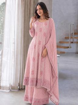 Gahan - Womens Peach Printed Anarkali Kurta with Palazzo and Dupatta
