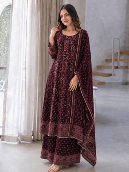 Gahan - Womens Wine Printed Anarkali Kurta with Palazzo and Dupatta