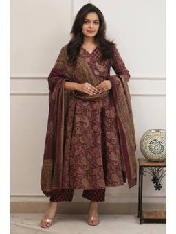 Gahan - Womens Viscose Blend Printed A-Line Anarkali Kurta with Pant & Dupatta