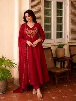 Gahan - Womens Red Viscose Blend Embroidered Anarkali Kurta with Pant & Dupatta