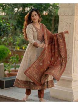 Gahan - Womens Rust Rayon Blend Printed A-Line Kurta with Pant with Dupatta