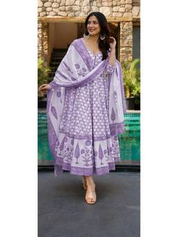 Gahan - Womens Lavender Viscose Rayon Printed Anarkali Kurta with Pant & Dupatta