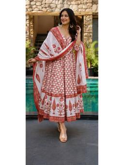 Gahan - Womens Red Viscose Rayon Printed Anarkali Kurta with Pant & Dupatta