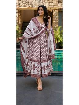Gahan - Womens Wine Viscose Rayon Printed Anarkali Kurta with Pant & Dupatta