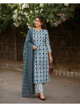 Gahan - Womens White Cotton Printed Kurta with Pant & Dupatta