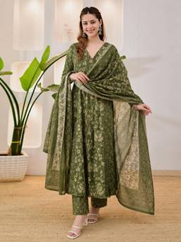 Gahan - Womens Green Viscose Blend Printed Anarkali Kurta with Pant & Dupatta