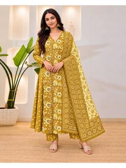 Gahan - Womens Mustard Viscose Blend Printed Anarkali Kurta with Pant & Dupatta