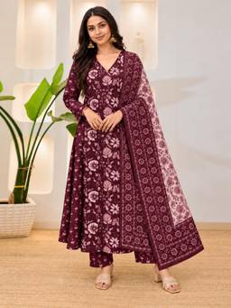 Gahan - Womens Wine Viscose Blend Printed Anarkali Kurta with Pant & Dupatta