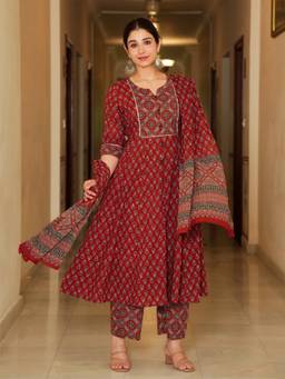 Gahan - Womens Red Rayon Blend Printed Straight Anarkali Kurta with Palazzo & Dupatta