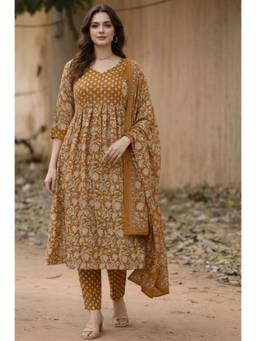 Gahan - Womens Mustard Rayon Blend Printed Straight Anarkali Kurta with Pant & Dupatta