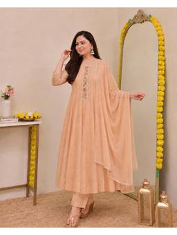 Gahan - Womens Beige Viscose Blend Embroidered Anarkali Kurta with Pant & Dupatta