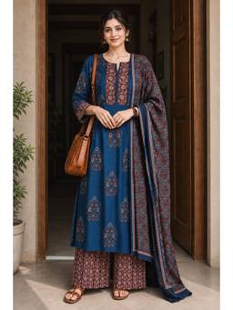 Gahan - Womens Blue Viscose Blend Printed Kurta with Palazzo & Dupatta