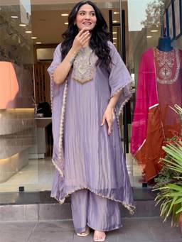 Gahan - Womens Lavender Rayon Blend Printed A-Line Kaftan Kurta with Palazzo