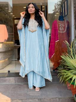 Gahan - Womens Blue Rayon Blend Printed A-Line Kaftan Kurta with Palazzo
